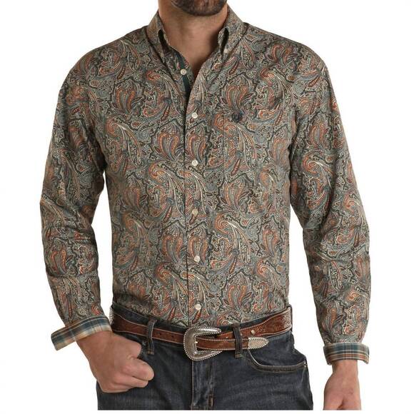 NEW PANHANDLE paisley long sleeve single pocket button down shirt in tan